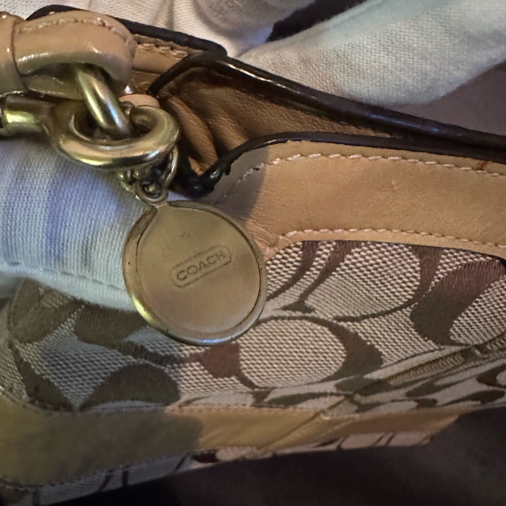 Coach Women's Tan Signature Fabric Leather Trim Turn Lock Minibag/Wristlet - Picture 11 of 16